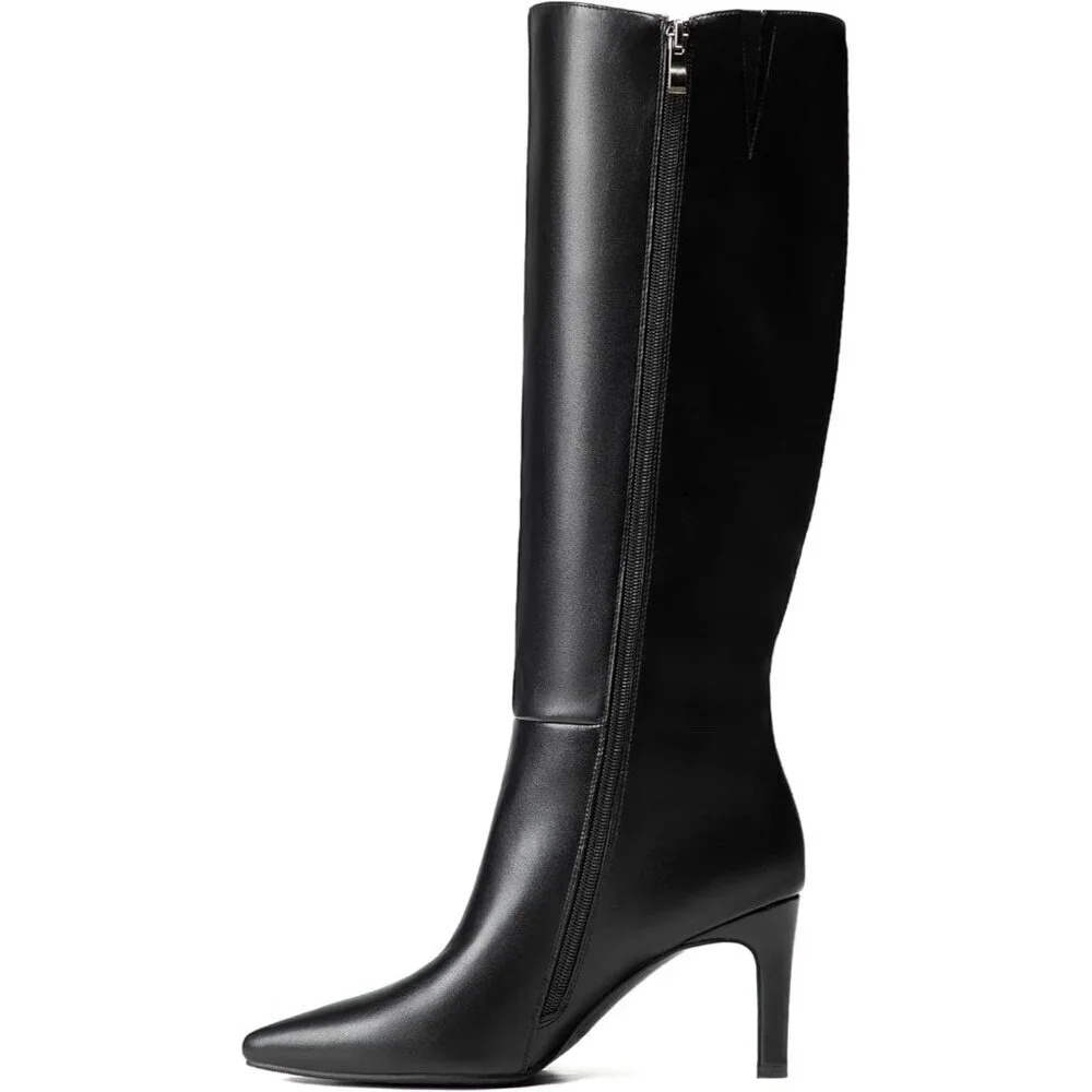 Women Stiletto Black Fur Side Zipper Pointed Toe Knee High Dress Fashion Boots